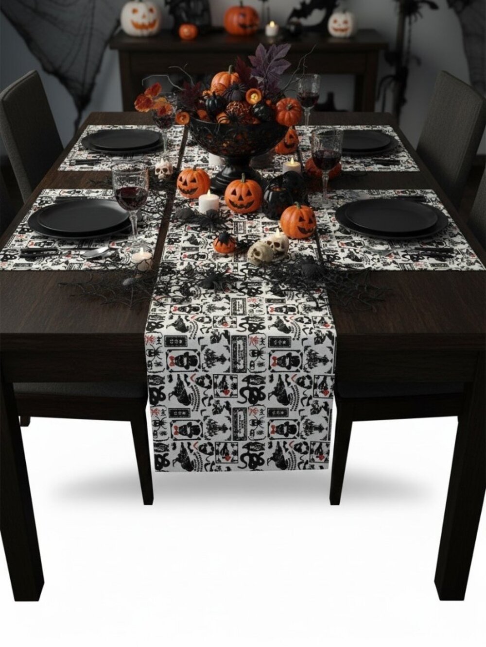 NEW Halloween Placemat & Table Runner Set – Spooky Black, White & Red Design